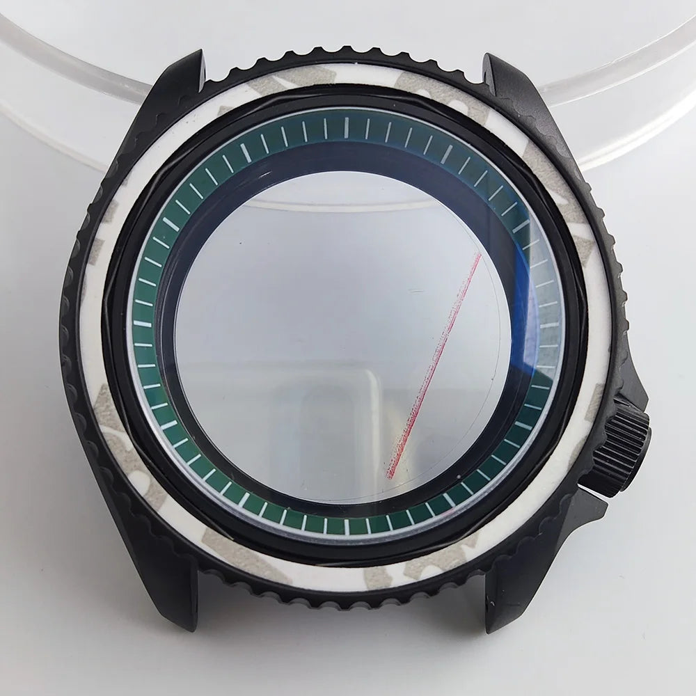 Black matte 41.5mm stainless steel watch case with ceramic bezel, sapphire glass, waterproof, fits NH35 NH36 movements by Case.