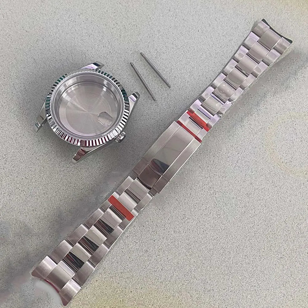 39mm Silver Steel Watch Case + Strap Sapphire Glass Watchband for NH35 NH36