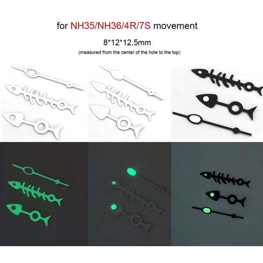 3 Pins Fish Bone Watch Hands with Green Luminous for NH35/NH36/4R/7S Movement