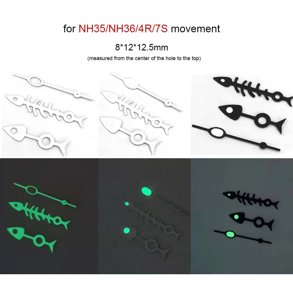 Watch Hands Pointer for NH35/NH36/4R/7S Modified 3Pins Fish Bone Green Luminous