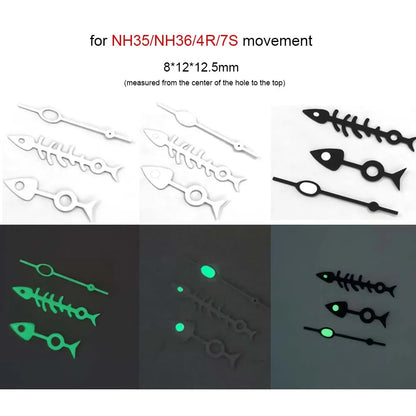 Watch Hands Pointer for NH35/NH36/4R/7S Modified 3Pins Fish Bone Green Luminous