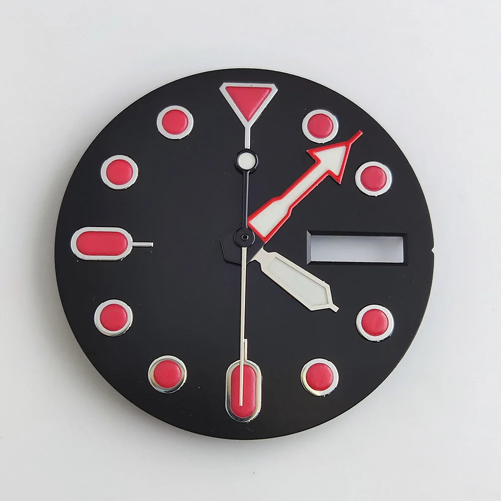 Plane sapphire glass watch case with ceramic bezel, stainless steel, fits NH35/NH36 movement, waterproof design.