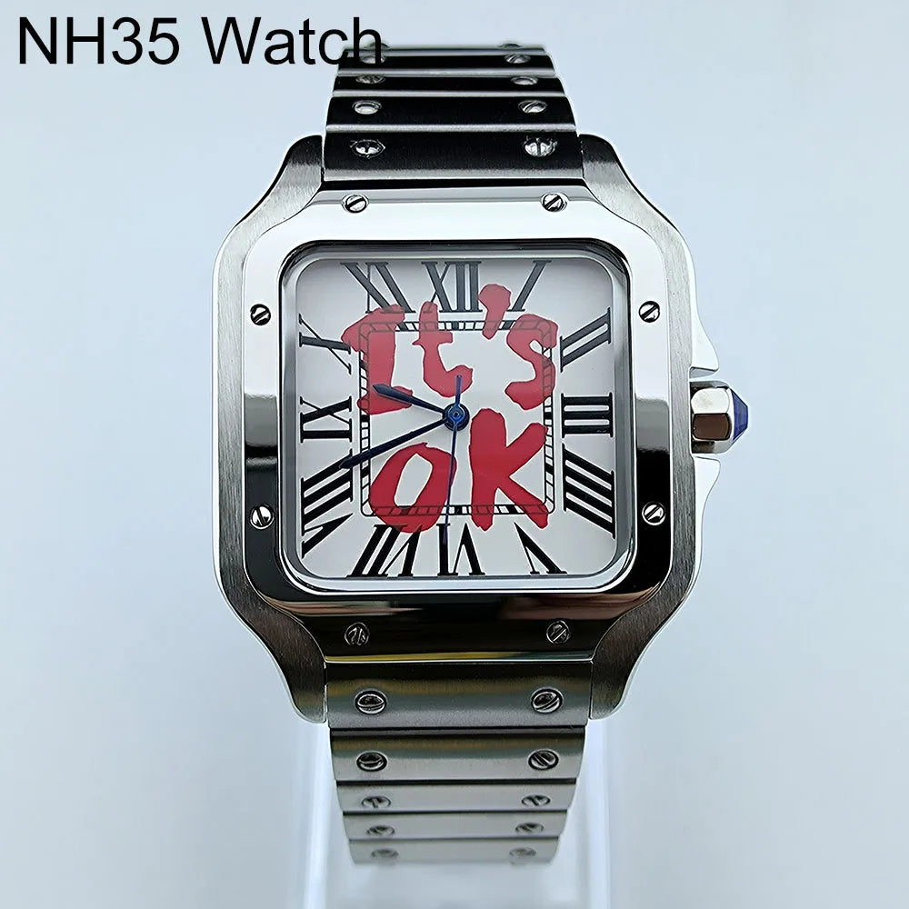 Watch Case with Square Roma Dial Folding Buckle Square Case fit NH35 NH Series