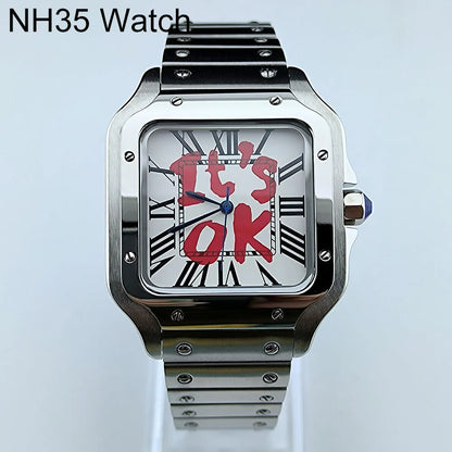 Watch Case with Square Roma Dial Folding Buckle Square Case fit NH35 NH Series