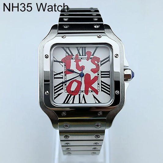 Watch Case with Square Roma Dial Folding Buckle Square Case fit NH35 NH Series