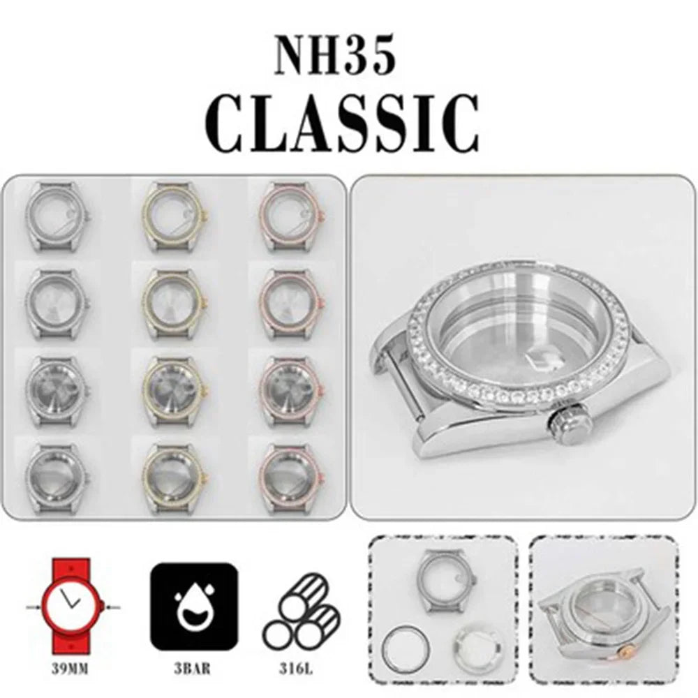 39mm Stainless Steel Diamond Sapphire Glass Watch Case for NH35 NH36 Movement