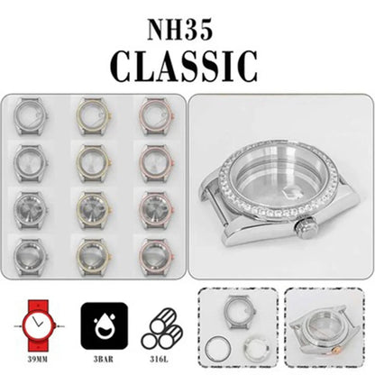 39mm Stainless Steel Diamond Sapphire Glass Watch Case for NH35 NH36 Movement