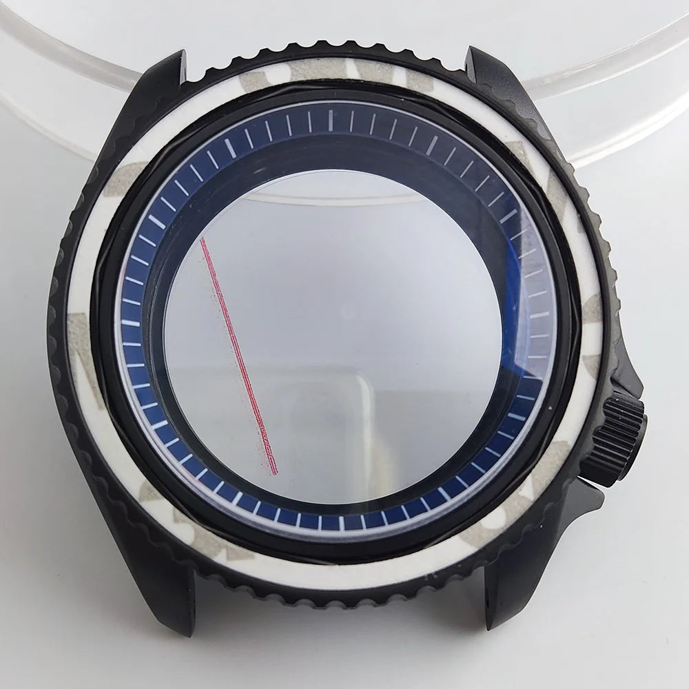 Black matte 41.5mm stainless steel watch case with ceramic bezel, sapphire glass, waterproof, fits NH35 NH36 movements by Case.