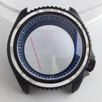 Black matte 41.5mm stainless steel watch case with ceramic bezel, sapphire glass, waterproof, fits NH35 NH36 movements by Case.
