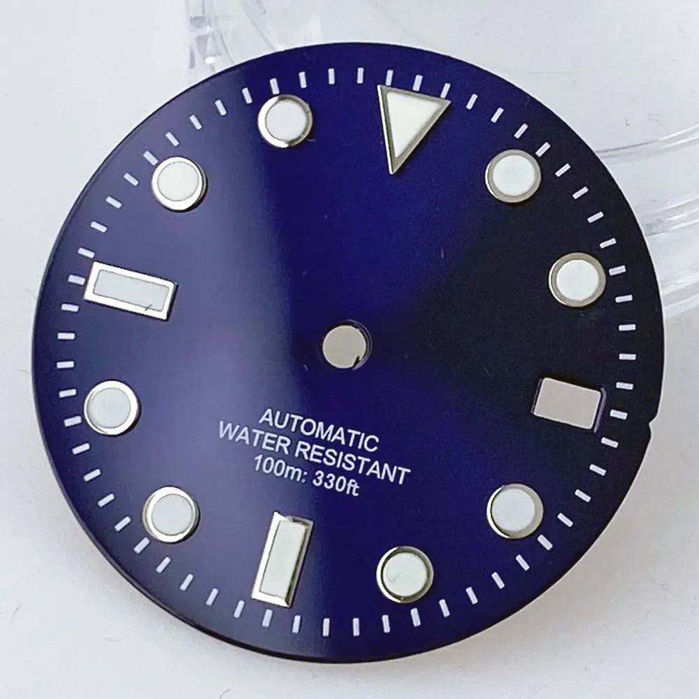 Sterile SUB 29mm sunburst green/blue watch dial with luminous markers for NH35 diver watches.