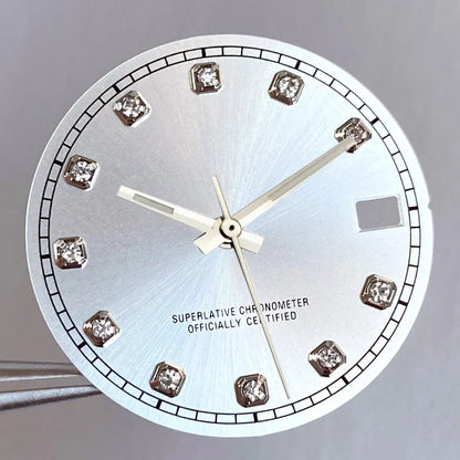 Mod Diamond Index 28.5mm watch dial in silver blue green, compatible with NH35A NH36A automatic movements.
