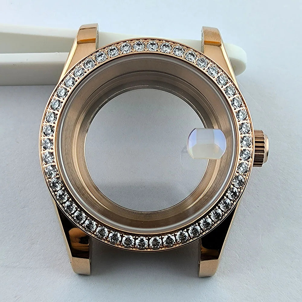 Diamond Decorated Steel Watch Case with Sapphire Glass Waterproof Fit NH35/NH36