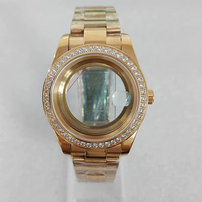 41mm Gold Diamond Inlaid 316L Steel Watch Case+Strap 28.5mm Dial Fit 8285