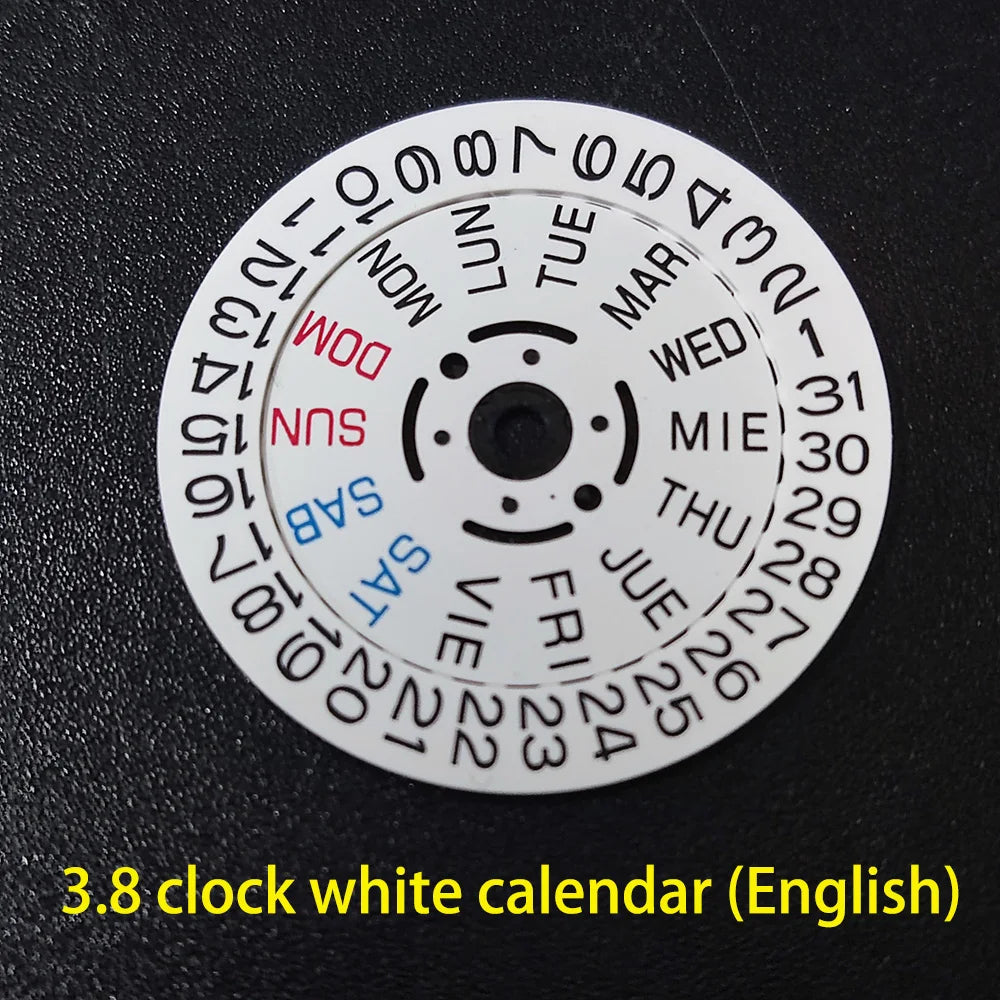 NH36 watch movement with hand-held calendar date disc wheel and day match features.