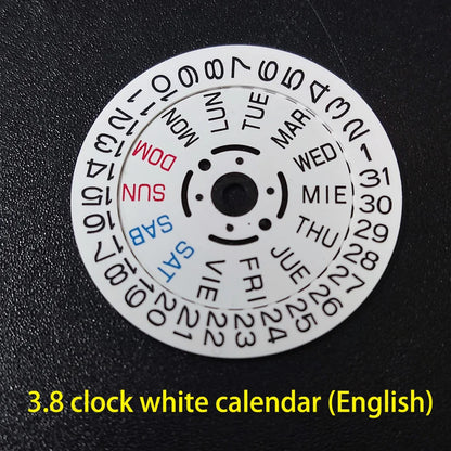 NH36 watch movement with hand-held calendar date disc wheel and day match features.