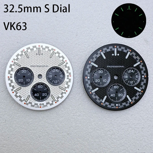 32.5mm VK63 S Logo Speed Dial Green Luminous Fit VK63 Movement Dial Watch
