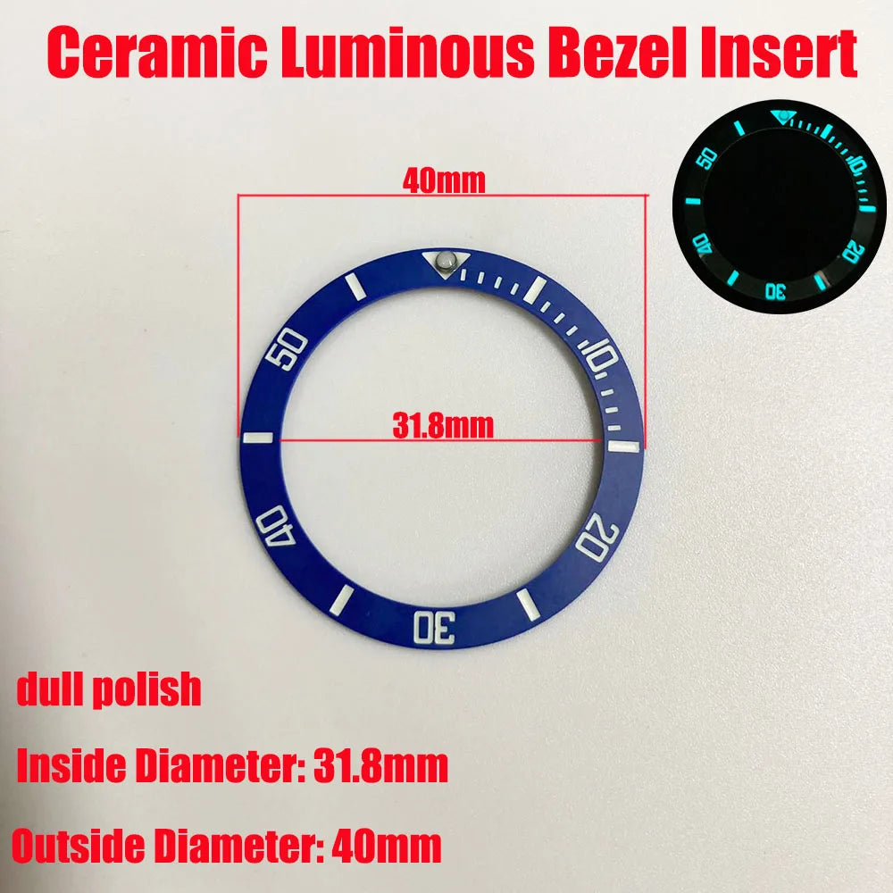 Sloping 40x31.8mm ceramic bezel insert with super luminous feature for divers watches replacement.