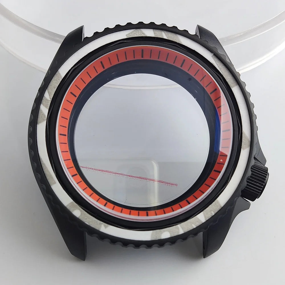 Black matte 41.5mm stainless steel watch case with ceramic bezel, sapphire glass, waterproof, fits NH35 NH36 movements by Case.