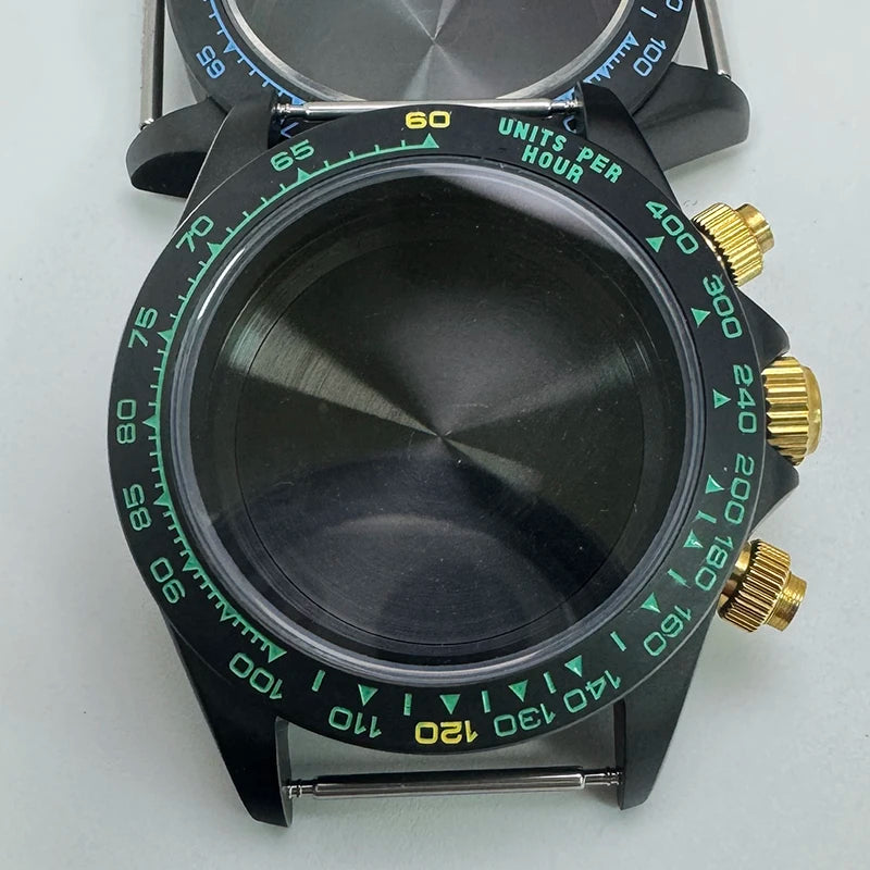 316L Steel 39mm Black Watch Case Sapphire Glass Ceramic/Steel Bezel Fit VK63