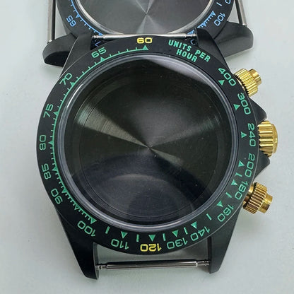 316L Steel 39mm Black Watch Case Sapphire Glass Ceramic/Steel Bezel Fit VK63