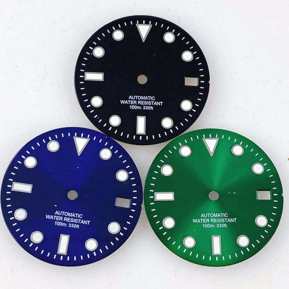 Sterile SUB 29mm sunburst green/blue watch dial with luminous markers for NH35 diver watches.
