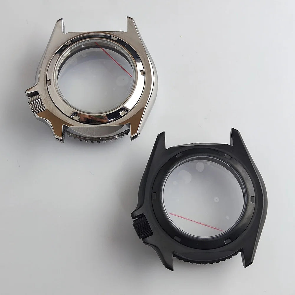Black matte 41.5mm stainless steel watch case with ceramic bezel, sapphire glass, waterproof, fits NH35 NH36 movements by Case.
