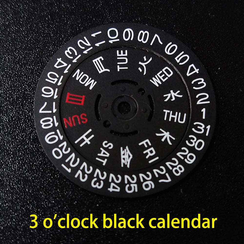 NH36 watch movement with hand-held calendar date disc wheel and day match features.