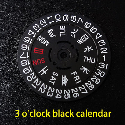 NH36 watch movement with hand-held calendar date disc wheel and day match features.