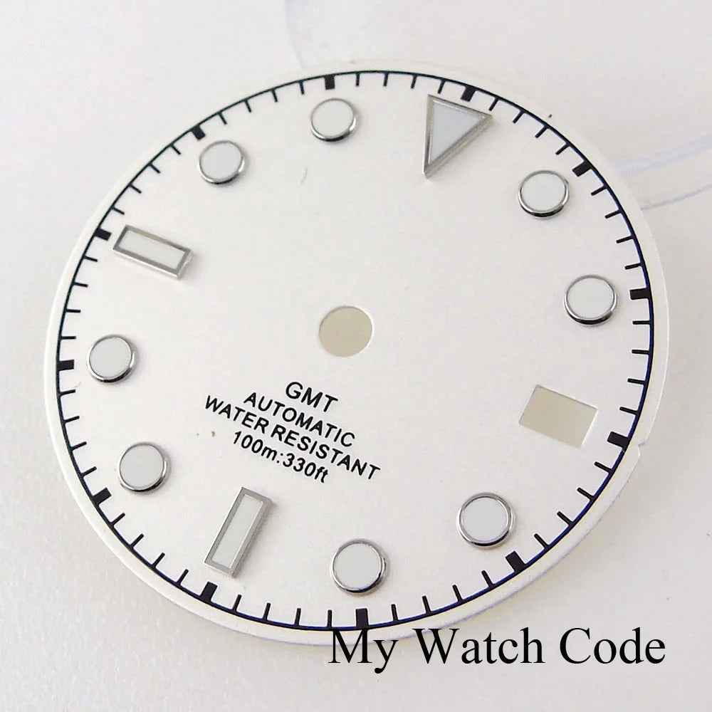 3/3.8 clock Nologo NH34 watch dial, 29mm white and blue steel plate with green luminous snowflake hand for GMT mod