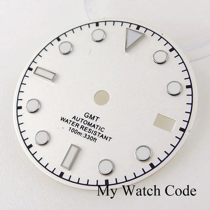 3/3.8 clock Nologo NH34 watch dial, 29mm white and blue steel plate with green luminous snowflake hand for GMT mod