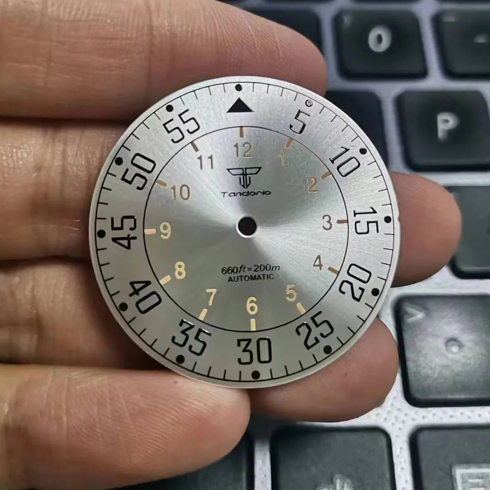 Sterile 33.6mm sunburst silver watch dial for 39mm pilot wristwatch with NH35A/NH36A movement.