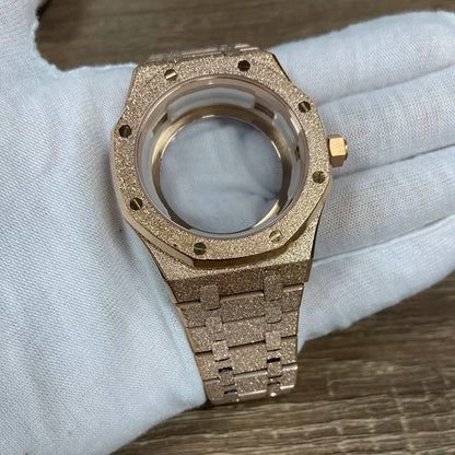 41mm RoseGold Case+Strap Shining Star Sanding Sapphire Crystal For NH35/36/4R/7S