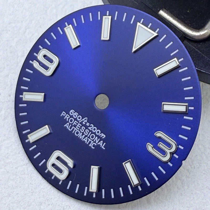 28.5mm S Logo Sunburst Ex plorer Watch Dial Green Luminous Fit NH35/NH36/7S/4R
