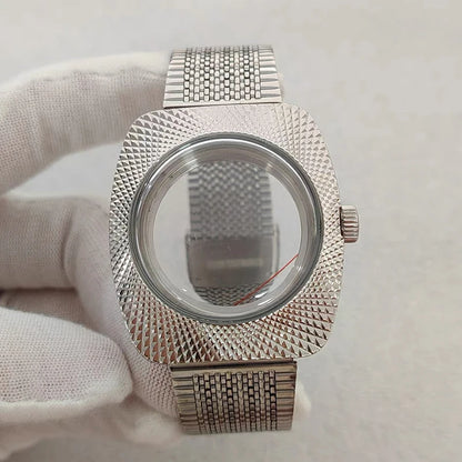 36.5mm Silver Geometric Design Bubble Mirror Watch Case+Strap Fit NH35/NH36/4R