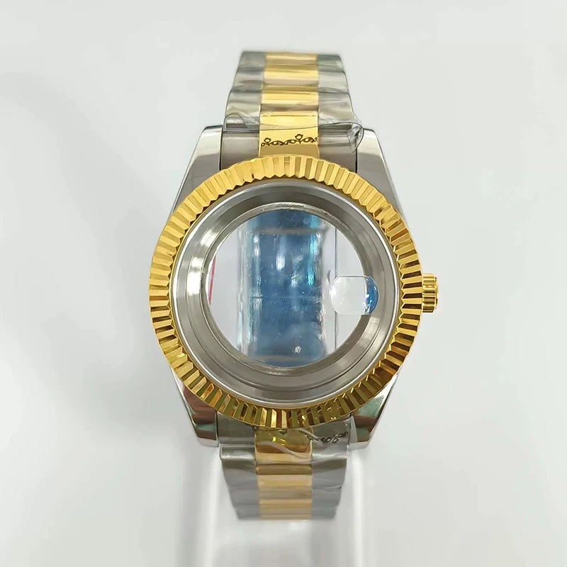 41mm Silver-Gold Classic Style Watch Case+Strap 28.5mm Dial Waterproof Fit 8285