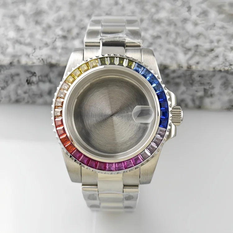 40.5mm Watch Case Strap Set SUB Diamond Studded Rainbow Bezel  for NH35 Movement