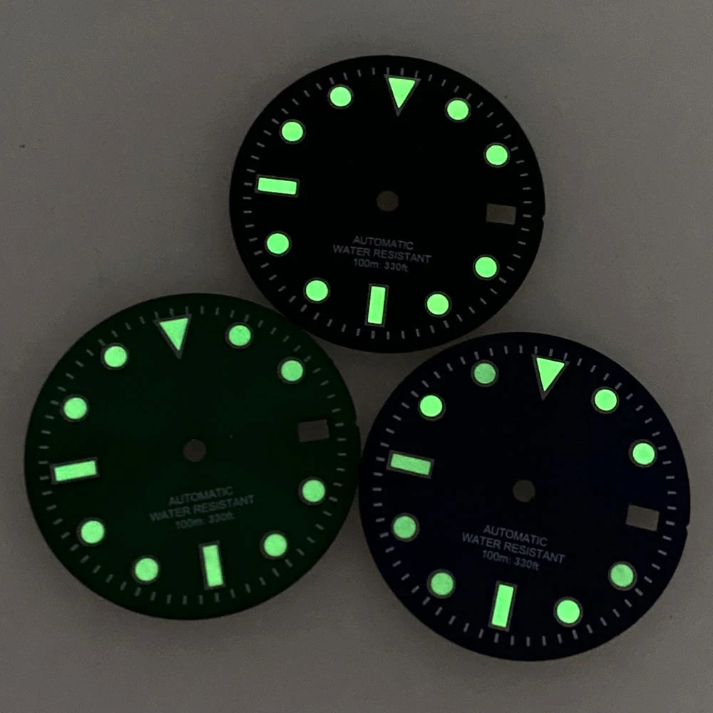 Sterile SUB 29mm sunburst green/blue watch dial with luminous markers for NH35 diver watches.