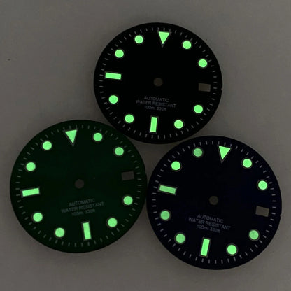 Sterile SUB 29mm sunburst green/blue watch dial with luminous markers for NH35 diver watches.