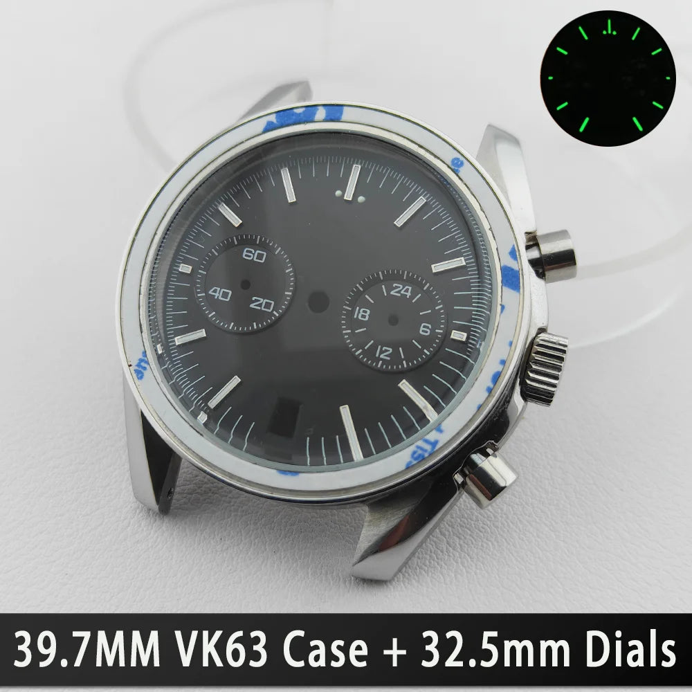 39.7mm Silver 316L Steel Watch Case 20mm Strap Solid VK63 Watch Header For VK63