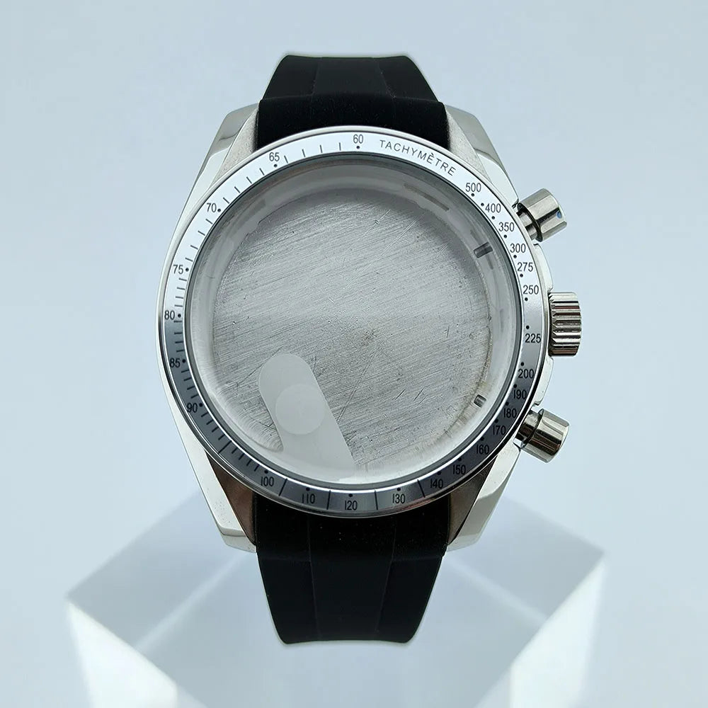 Stainless Steel Watch Case Sapphire Glass Rubber Strap Fit 32.5mm Dial for VK63