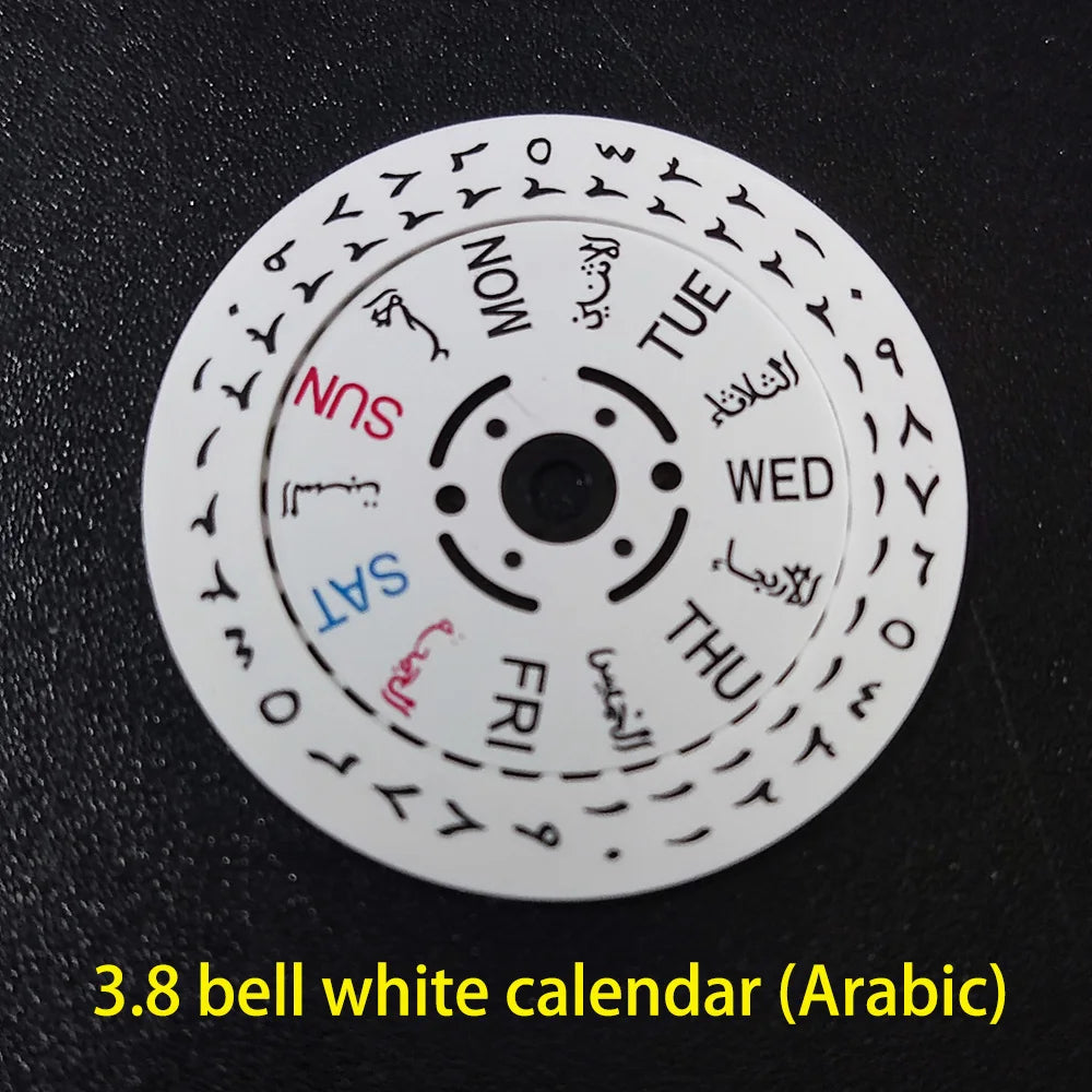NH36 watch movement with hand-held calendar date disc wheel and day match features.