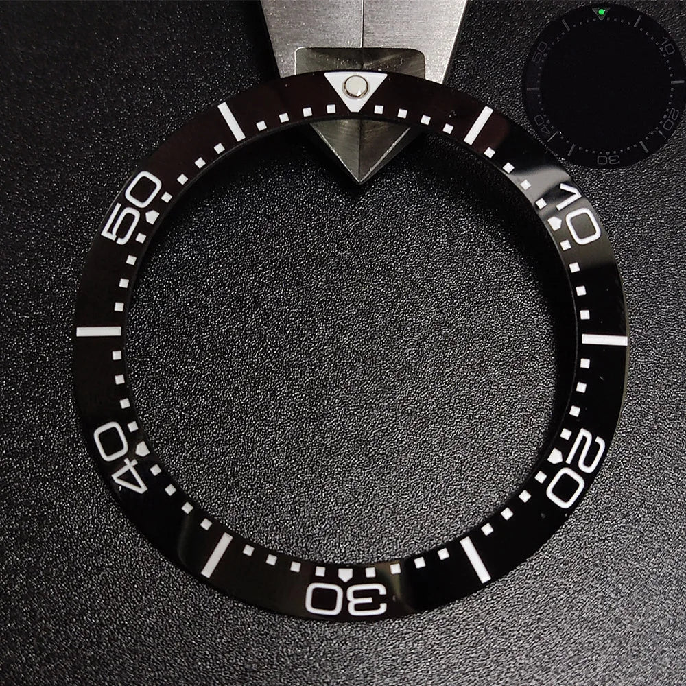 Sloping luminous ceramic bezel insert 39.3x31.7mm for watch accessories, durable replacement.