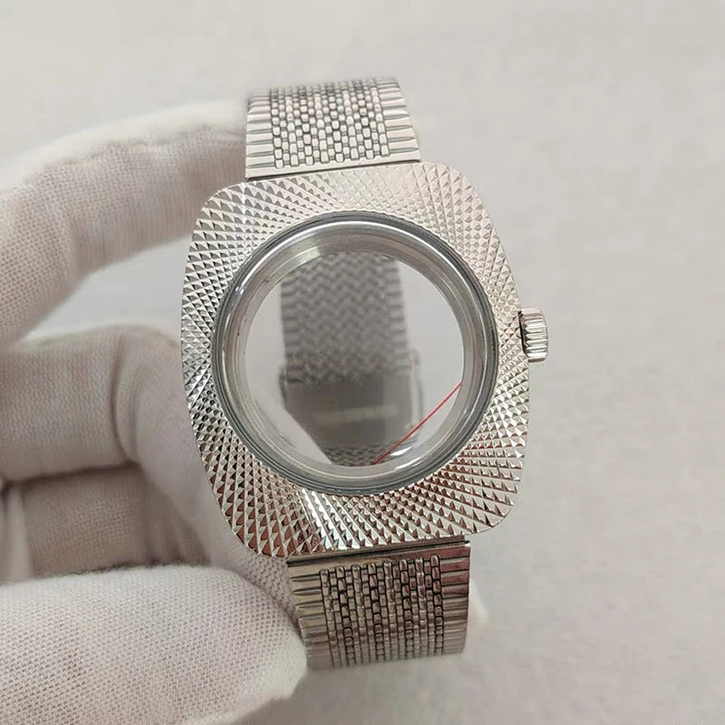 36.5mm Silver Geometric Design Bubble Mirror Watch Case+Strap Fit NH35/NH36/4R