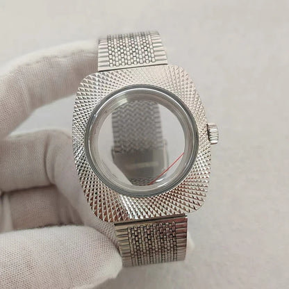 36.5mm Silver Geometric Design Bubble Mirror Watch Case+Strap Fit NH35/NH36/4R