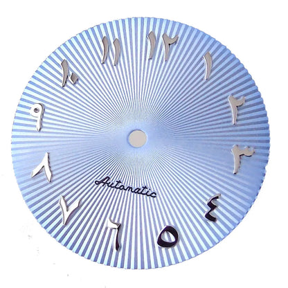 29mm ice blue Middle East numeral dial for 36-39mm fluted bezel watches, compatible with Miyota NH35/NH36 ETA PT.