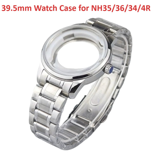 39.5mm Silver Watch Case for NH35/36/34/4R Push in Crown Mineral Strap
