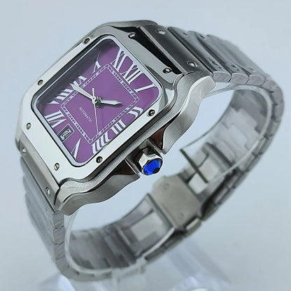 Purple Roma Square Dial Watch Case Folding Buckle Square Case fit NH35 NH36