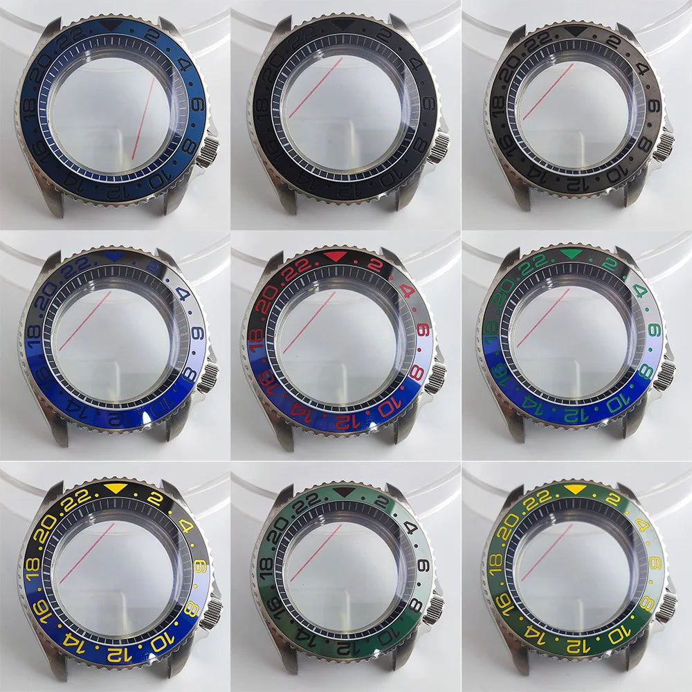 Black matte 41.5mm stainless steel watch case with ceramic bezel, sapphire glass, waterproof, fits NH35 NH36 movements by Case.
