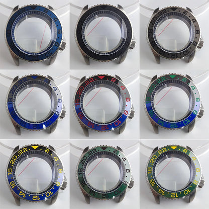 Black matte 41.5mm stainless steel watch case with ceramic bezel, sapphire glass, waterproof, fits NH35 NH36 movements by Case.