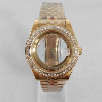 41mm Gold Diamond Inlaid 316L Steel Watch Case+Strap 28.5mm Dial Fit 8285